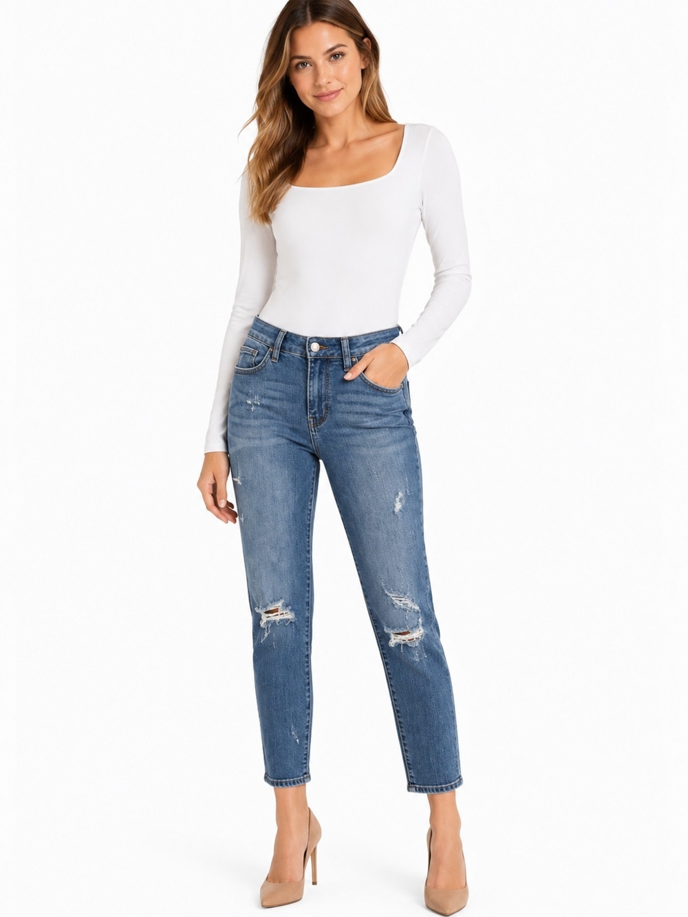 Judy Blue Relaxed Straight Mid-Rise Ankle Distressed Blue Jeans Sz 28